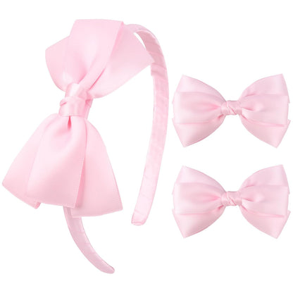 Light Pink Bow Headband & 2 Pcs Satin 4 Inch Hair Bows Set Uniform Hair Accessories Hair Band for Little Toddler School Girls -Light Pink