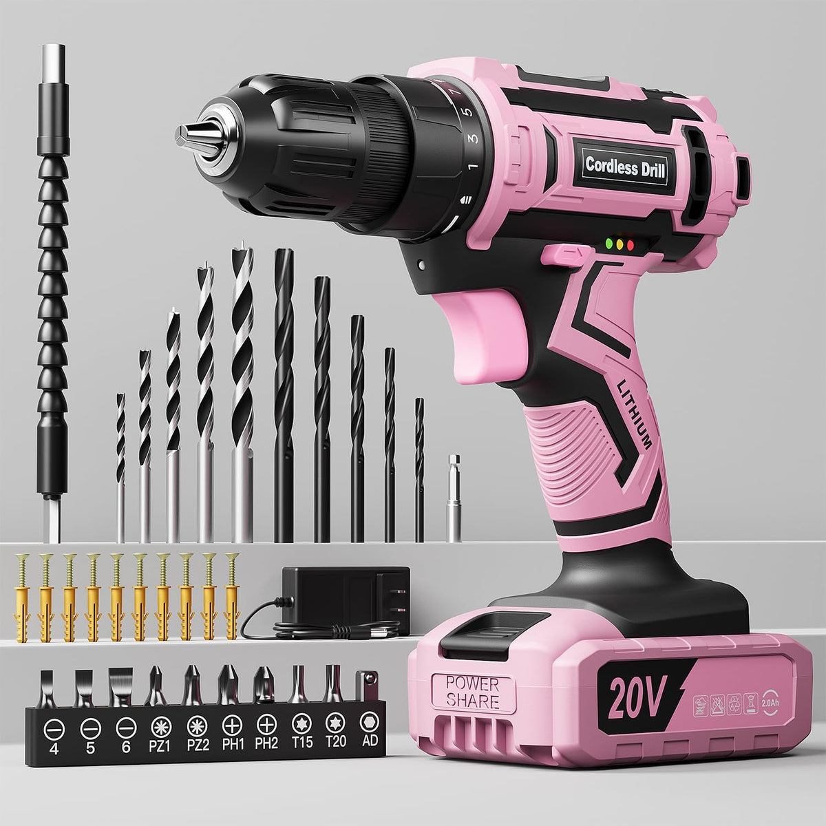 Pink Cordless Drill Set, 20V Electric Power Drill for Women, Lightweight Electric Screwdriver Driver with Power Pack & Charger, 3/8" Keyless Chuck, Womens Tool Kit for House