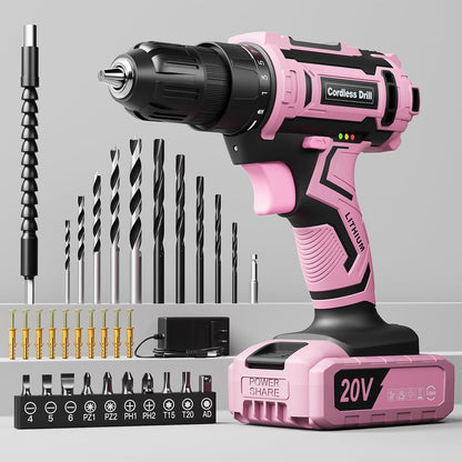 Pink Cordless Drill Set, 20V Electric Power Drill for Women, Lightweight Electric Screwdriver Driver with Power Pack & Charger, 3/8" Keyless Chuck, Womens Tool Kit for House