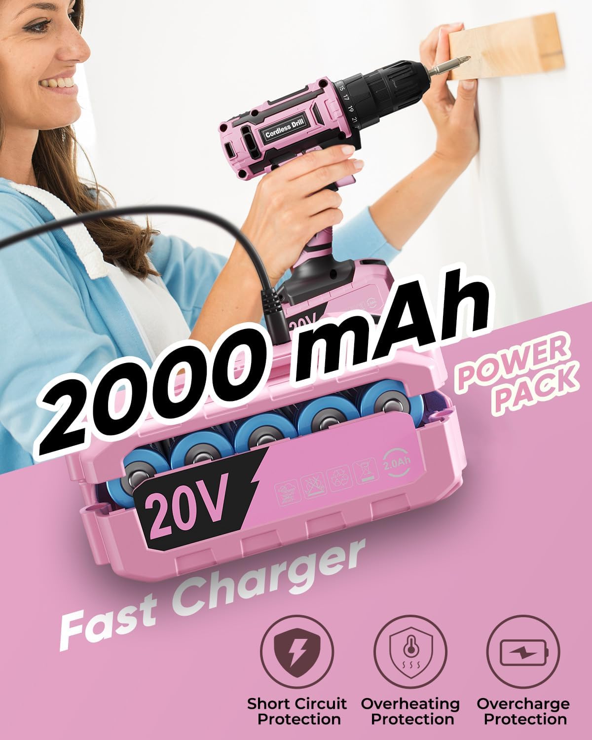 Pink Cordless Drill Set, 20V Electric Power Drill for Women, Lightweight Electric Screwdriver Driver with Power Pack & Charger, 3/8" Keyless Chuck, Womens Tool Kit for House