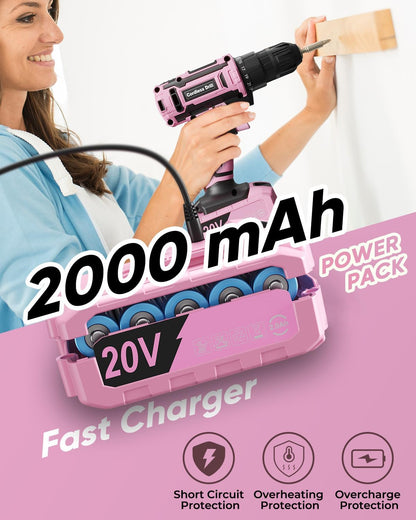 Pink Cordless Drill Set, 20V Electric Power Drill for Women, Lightweight Electric Screwdriver Driver with Power Pack & Charger, 3/8" Keyless Chuck, Womens Tool Kit for House