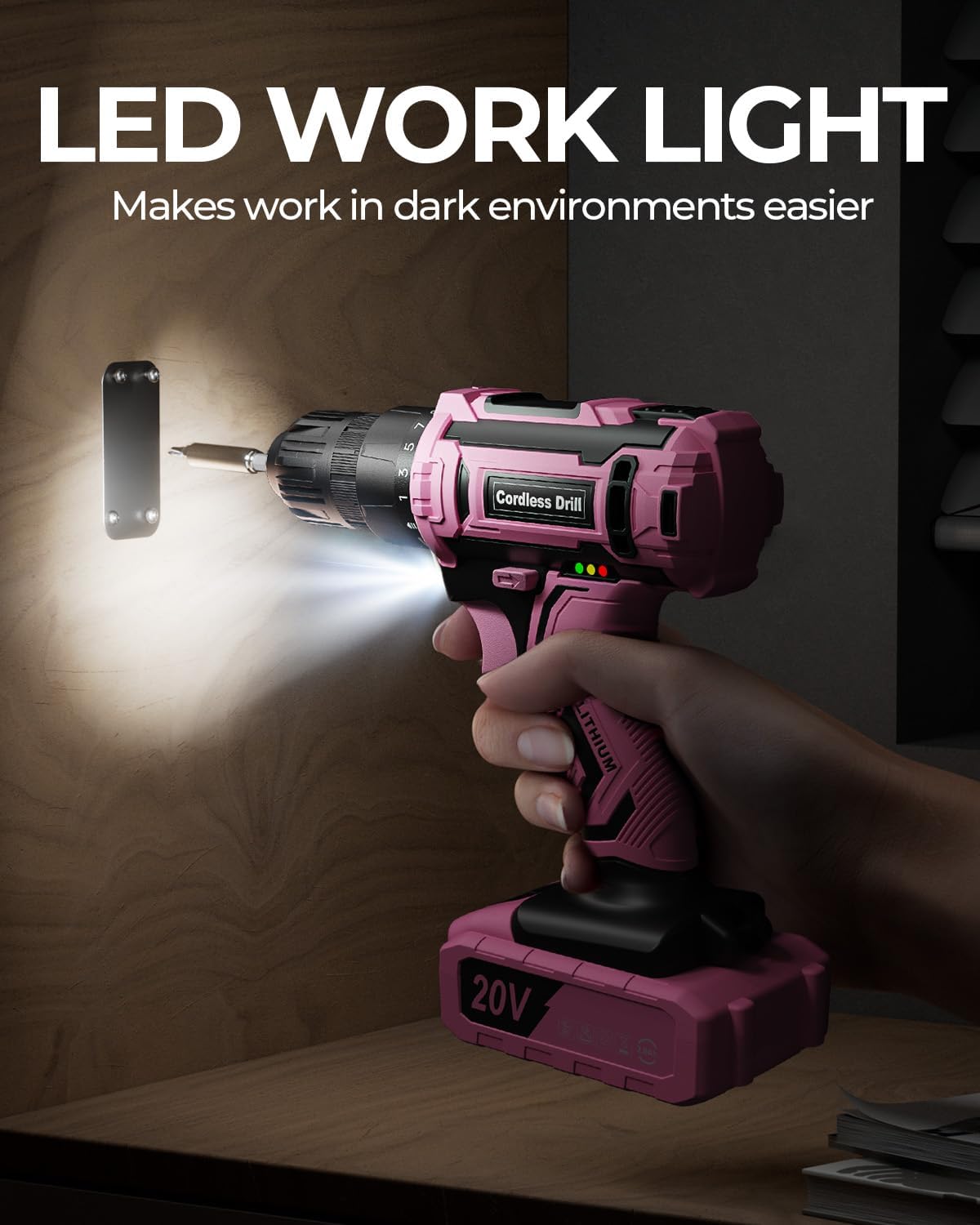 Pink Cordless Drill Set, 20V Electric Power Drill for Women, Lightweight Electric Screwdriver Driver with Power Pack & Charger, 3/8" Keyless Chuck, Womens Tool Kit for House
