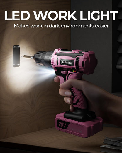 Pink Cordless Drill Set, 20V Electric Power Drill for Women, Lightweight Electric Screwdriver Driver with Power Pack & Charger, 3/8" Keyless Chuck, Womens Tool Kit for House