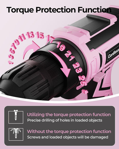 Pink Cordless Drill Set, 20V Electric Power Drill for Women, Lightweight Electric Screwdriver Driver with Power Pack & Charger, 3/8" Keyless Chuck, Womens Tool Kit for House