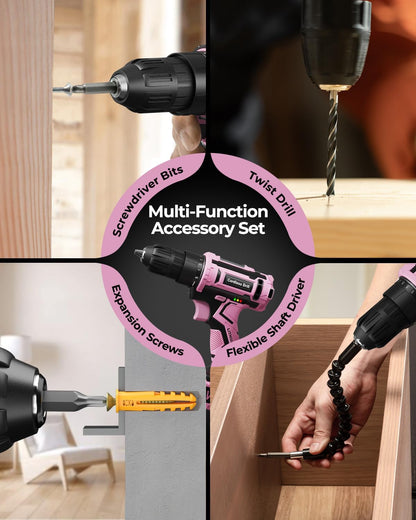 Pink Cordless Drill Set, 20V Electric Power Drill for Women, Lightweight Electric Screwdriver Driver with Power Pack & Charger, 3/8" Keyless Chuck, Womens Tool Kit for House