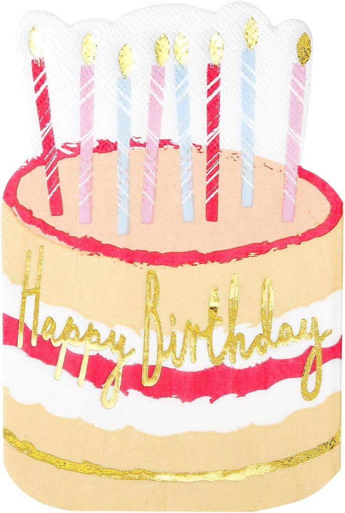 Pack of 12 - Premium Happy Birthday Napkins - Cake Shaped Serviettes, Ideal for Kids and Adults - Gold Foil Wording, Rose
