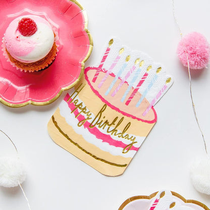 Pack of 12 - Premium Happy Birthday Napkins - Cake Shaped Serviettes, Ideal for Kids and Adults - Gold Foil Wording, Rose