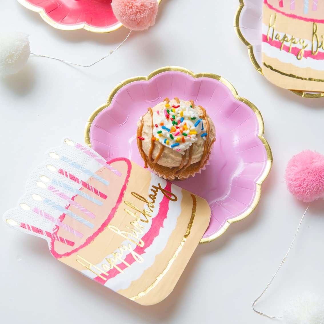 Pack of 12 - Premium Happy Birthday Napkins - Cake Shaped Serviettes, Ideal for Kids and Adults - Gold Foil Wording, Rose