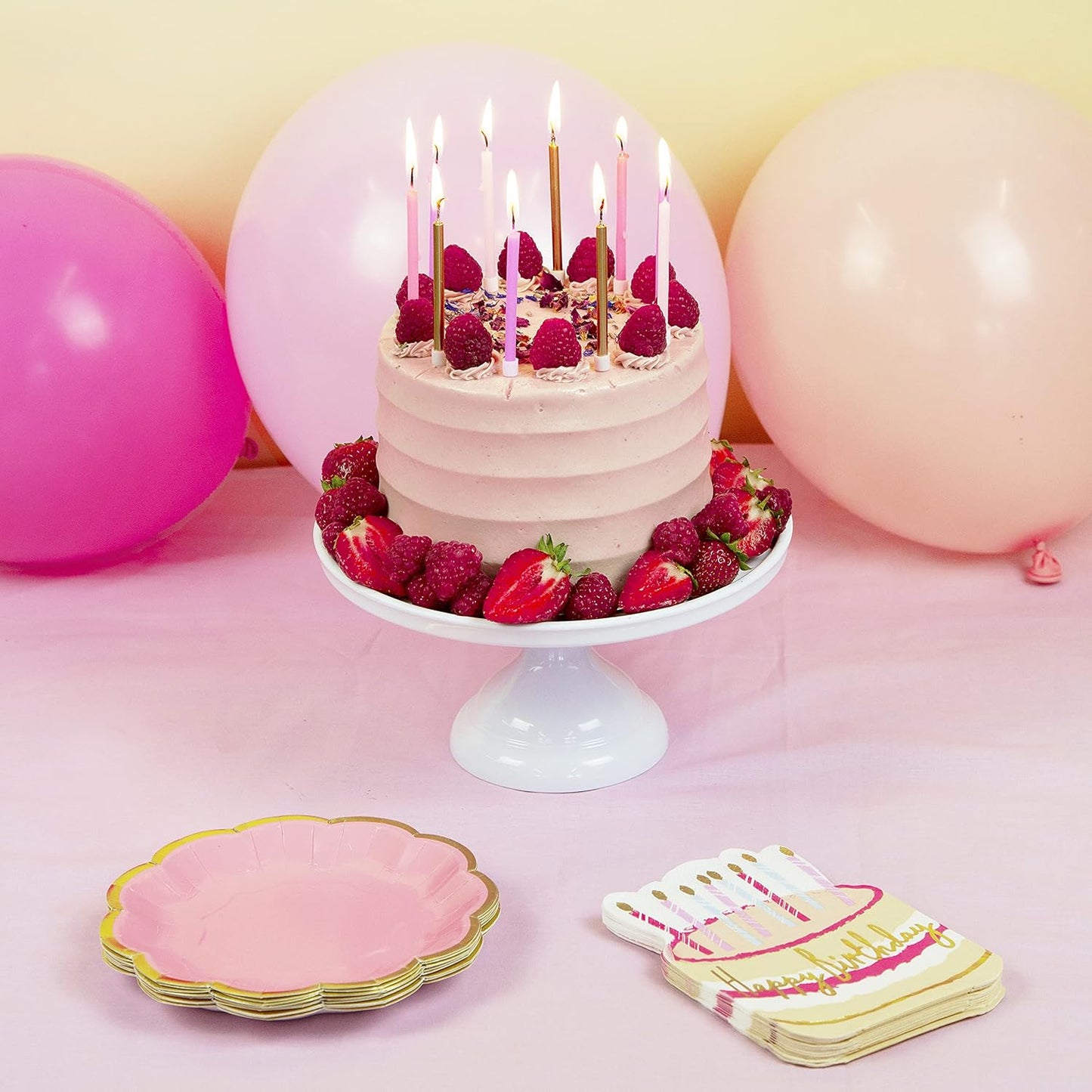 Pack of 12 - Premium Happy Birthday Napkins - Cake Shaped Serviettes, Ideal for Kids and Adults - Gold Foil Wording, Rose