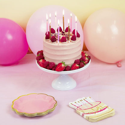 Pack of 12 - Premium Happy Birthday Napkins - Cake Shaped Serviettes, Ideal for Kids and Adults - Gold Foil Wording, Rose