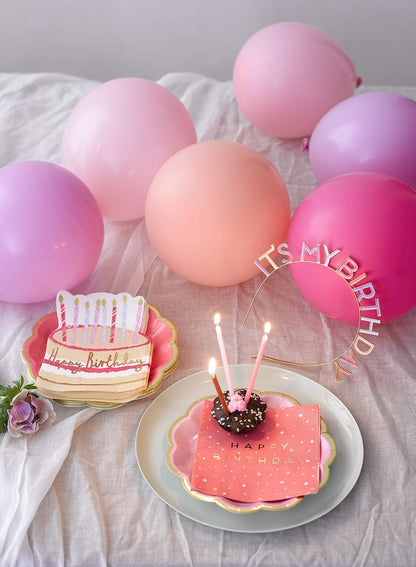 Pack of 12 - Premium Happy Birthday Napkins - Cake Shaped Serviettes, Ideal for Kids and Adults - Gold Foil Wording, Rose
