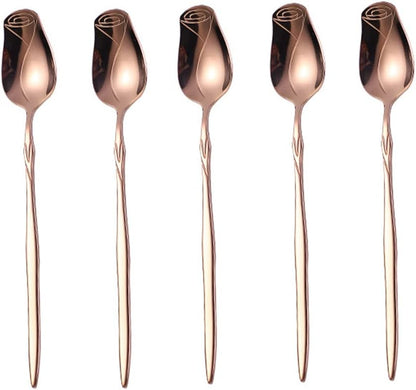 Rose Gold Stainless Steel 5-Piece Spoon Set - Rose Flower, Coffee, Dessert, Ice Cream, Tea & Love Spoons - Cute