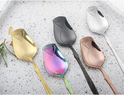 Rose Gold Stainless Steel 5-Piece Spoon Set - Rose Flower, Coffee, Dessert, Ice Cream, Tea & Love Spoons - Cute