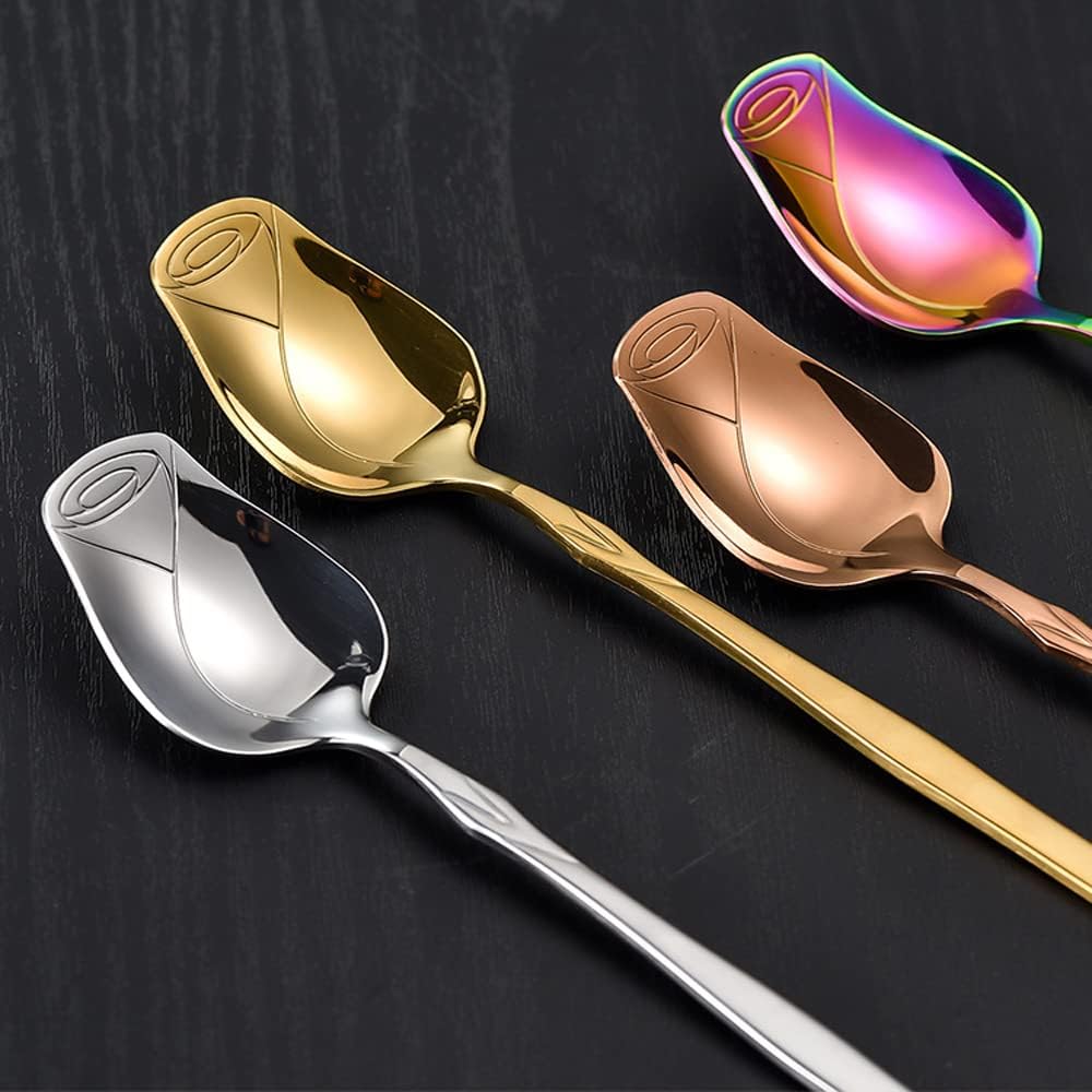 Rose Gold Stainless Steel 5-Piece Spoon Set - Rose Flower, Coffee, Dessert, Ice Cream, Tea & Love Spoons - Cute