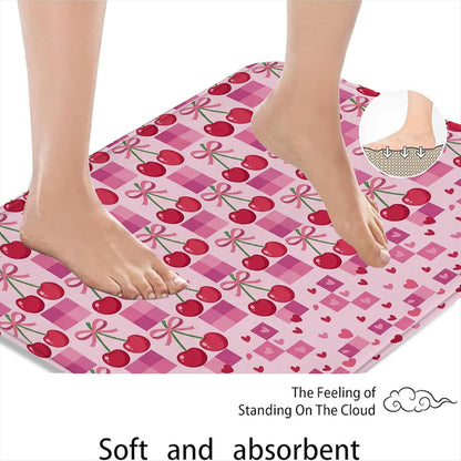 Peach Cherries Pattern Quick Dry Bath Mat, Cute Geometric Hearts Absorbent Non Slip Shower Mat, Spring Decorative Flannel Washable Bath Rugs for Bathroom Toilet Restroom 20x32 Inch