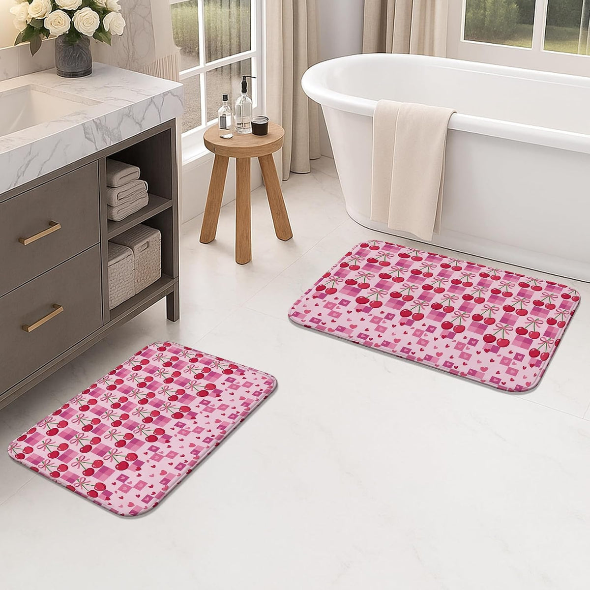 Peach Cherries Pattern Quick Dry Bath Mat, Cute Geometric Hearts Absorbent Non Slip Shower Mat, Spring Decorative Flannel Washable Bath Rugs for Bathroom Toilet Restroom 20x32 Inch