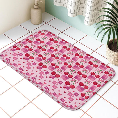 Peach Cherries Pattern Quick Dry Bath Mat, Cute Geometric Hearts Absorbent Non Slip Shower Mat, Spring Decorative Flannel Washable Bath Rugs for Bathroom Toilet Restroom 20x32 Inch