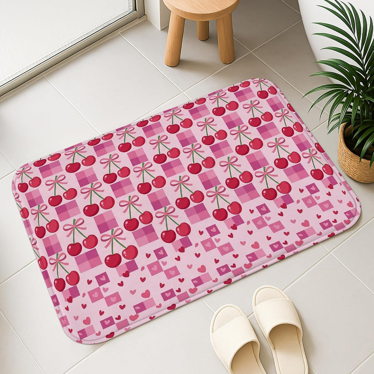 Peach Cherries Pattern Quick Dry Bath Mat, Cute Geometric Hearts Absorbent Non Slip Shower Mat, Spring Decorative Flannel Washable Bath Rugs for Bathroom Toilet Restroom 20x32 Inch