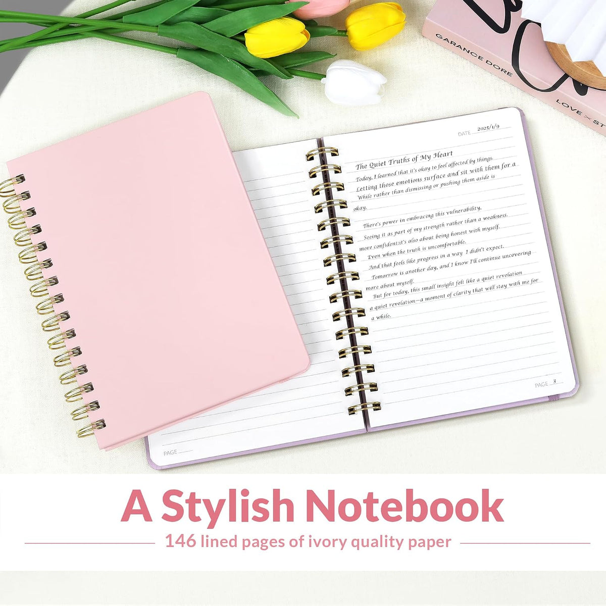 Lined Spiral Journal Notebook for Women, 146 Pages College Ruled Hardcover Journaling Notebook for Work, Note Taking and Office School Supplies, A5 - Pink