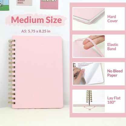 Lined Spiral Journal Notebook for Women, 146 Pages College Ruled Hardcover Journaling Notebook for Work, Note Taking and Office School Supplies, A5 - Pink