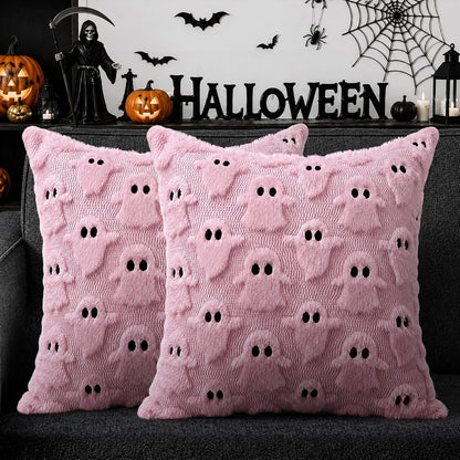 Halloween Decorations Pillow Covers 18x18 inch Set of 2 Pink Ghost Throw Pillow Cases Soft Plush Faux Fur Wool Decorative Cushion Case for Sofa Couch Bed Chair Living Room Home Decor