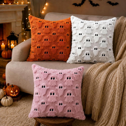 Halloween Decorations Pillow Covers 18x18 inch Set of 2 Pink Ghost Throw Pillow Cases Soft Plush Faux Fur Wool Decorative Cushion Case for Sofa Couch Bed Chair Living Room Home Decor