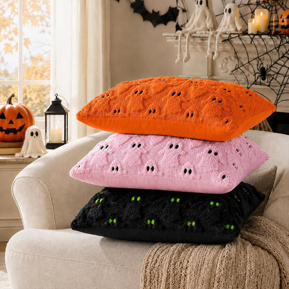Halloween Decorations Pillow Covers 18x18 inch Set of 2 Pink Ghost Throw Pillow Cases Soft Plush Faux Fur Wool Decorative Cushion Case for Sofa Couch Bed Chair Living Room Home Decor