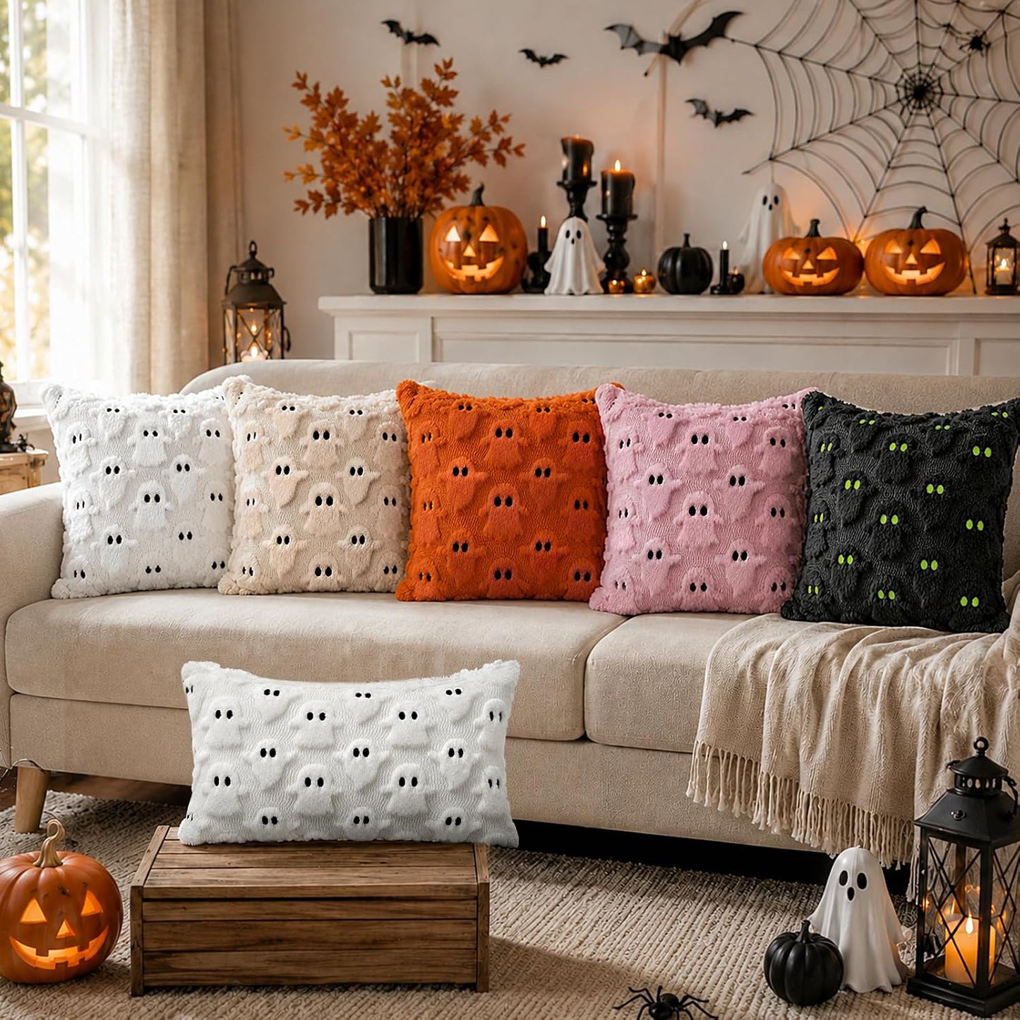 Halloween Decorations Pillow Covers 18x18 inch Set of 2 Pink Ghost Throw Pillow Cases Soft Plush Faux Fur Wool Decorative Cushion Case for Sofa Couch Bed Chair Living Room Home Decor