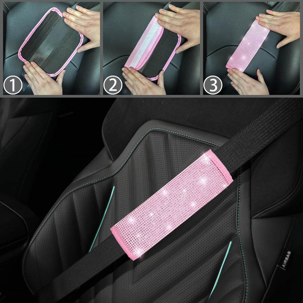 8 pcs Pink Bling Car Accessories Set for Women, Steering Wheel Cover, Sparkly Seat Belt Covers, Bling Gear Shift Cover, Universal Fit Most Cars (All Pink Diamond)