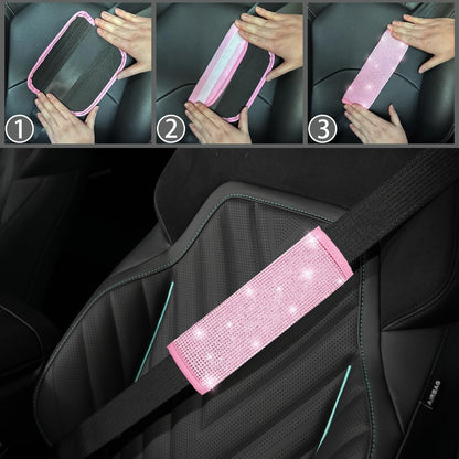8 pcs Pink Bling Car Accessories Set for Women, Steering Wheel Cover, Sparkly Seat Belt Covers, Bling Gear Shift Cover, Universal Fit Most Cars (All Pink Diamond)