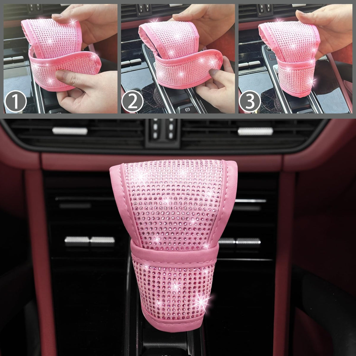 8 pcs Pink Bling Car Accessories Set for Women, Steering Wheel Cover, Sparkly Seat Belt Covers, Bling Gear Shift Cover, Universal Fit Most Cars (All Pink Diamond)