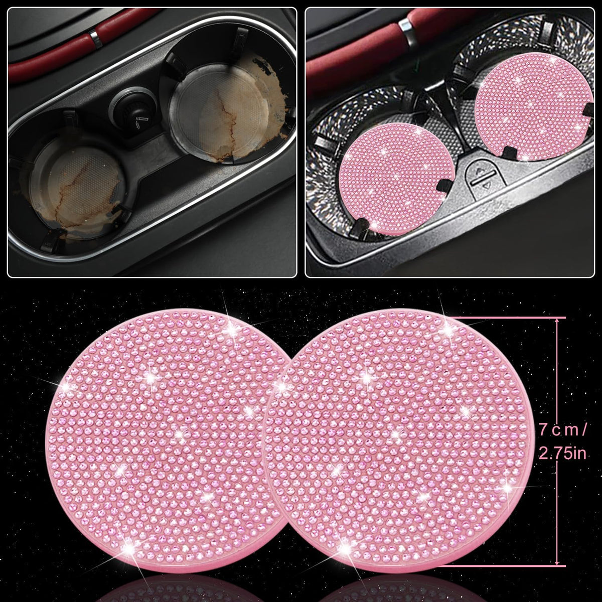 8 pcs Pink Bling Car Accessories Set for Women, Steering Wheel Cover, Sparkly Seat Belt Covers, Bling Gear Shift Cover, Universal Fit Most Cars (All Pink Diamond)