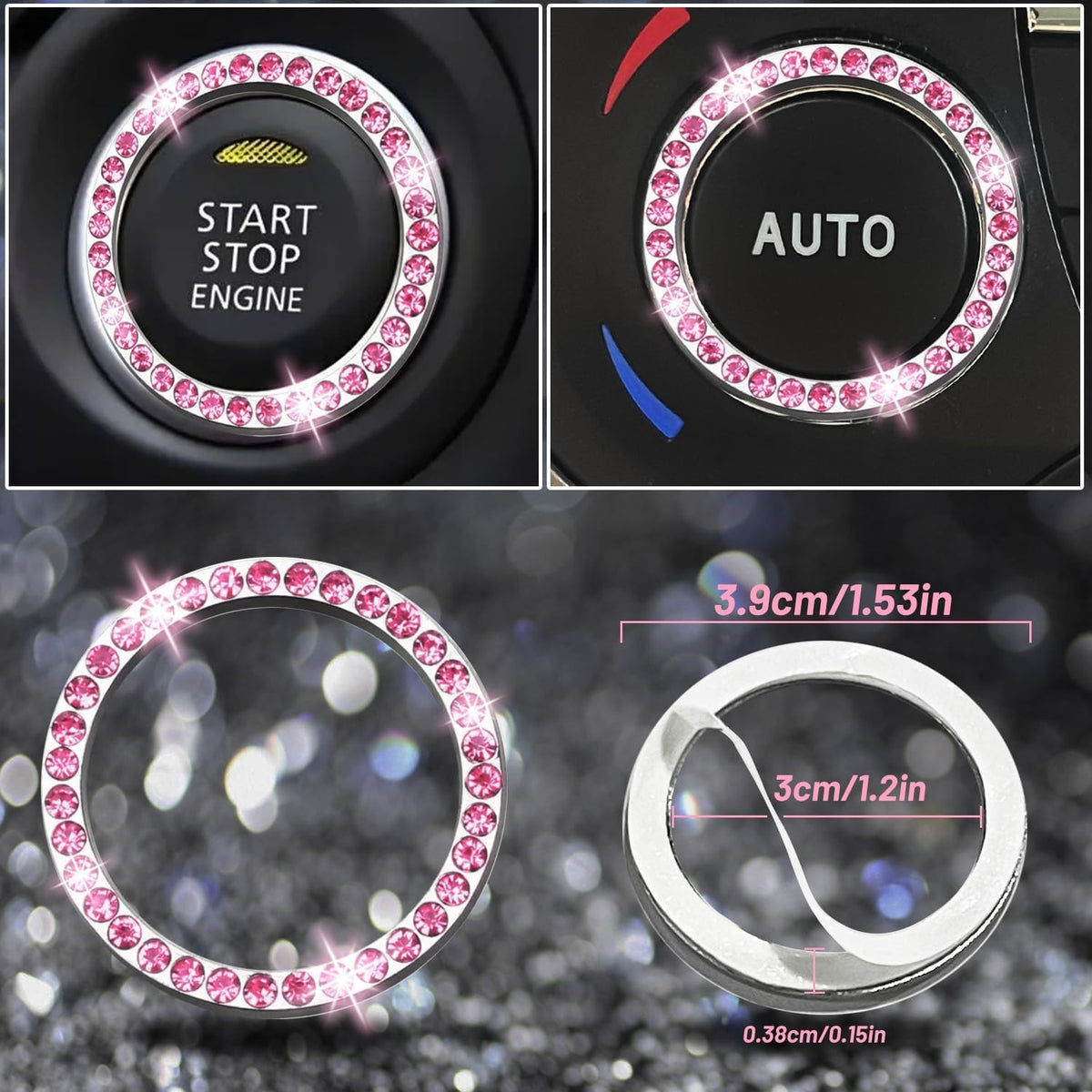 8 pcs Pink Bling Car Accessories Set for Women, Steering Wheel Cover, Sparkly Seat Belt Covers, Bling Gear Shift Cover, Universal Fit Most Cars (All Pink Diamond)