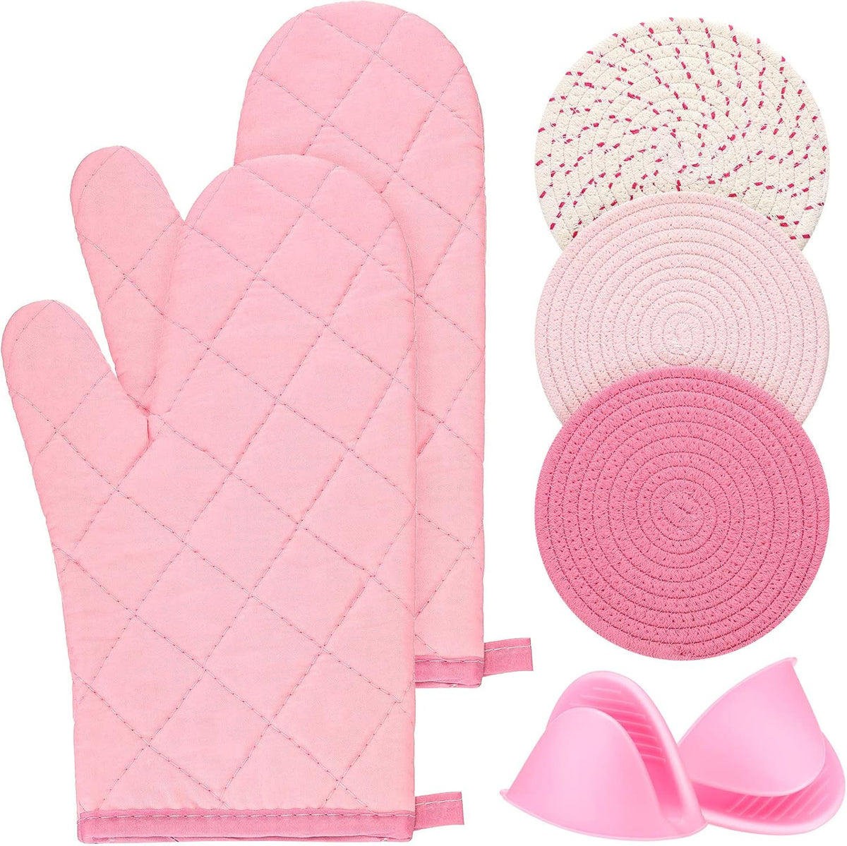 7 Pcs Pink Kitchen Accessories Oven Mitts and Pot Holders, Pink