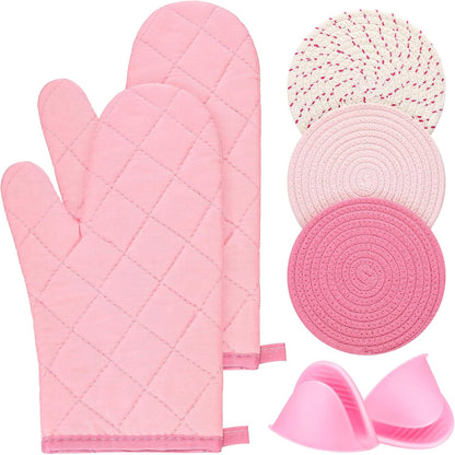 7 Pcs Pink Kitchen Accessories Oven Mitts and Pot Holders, Pink