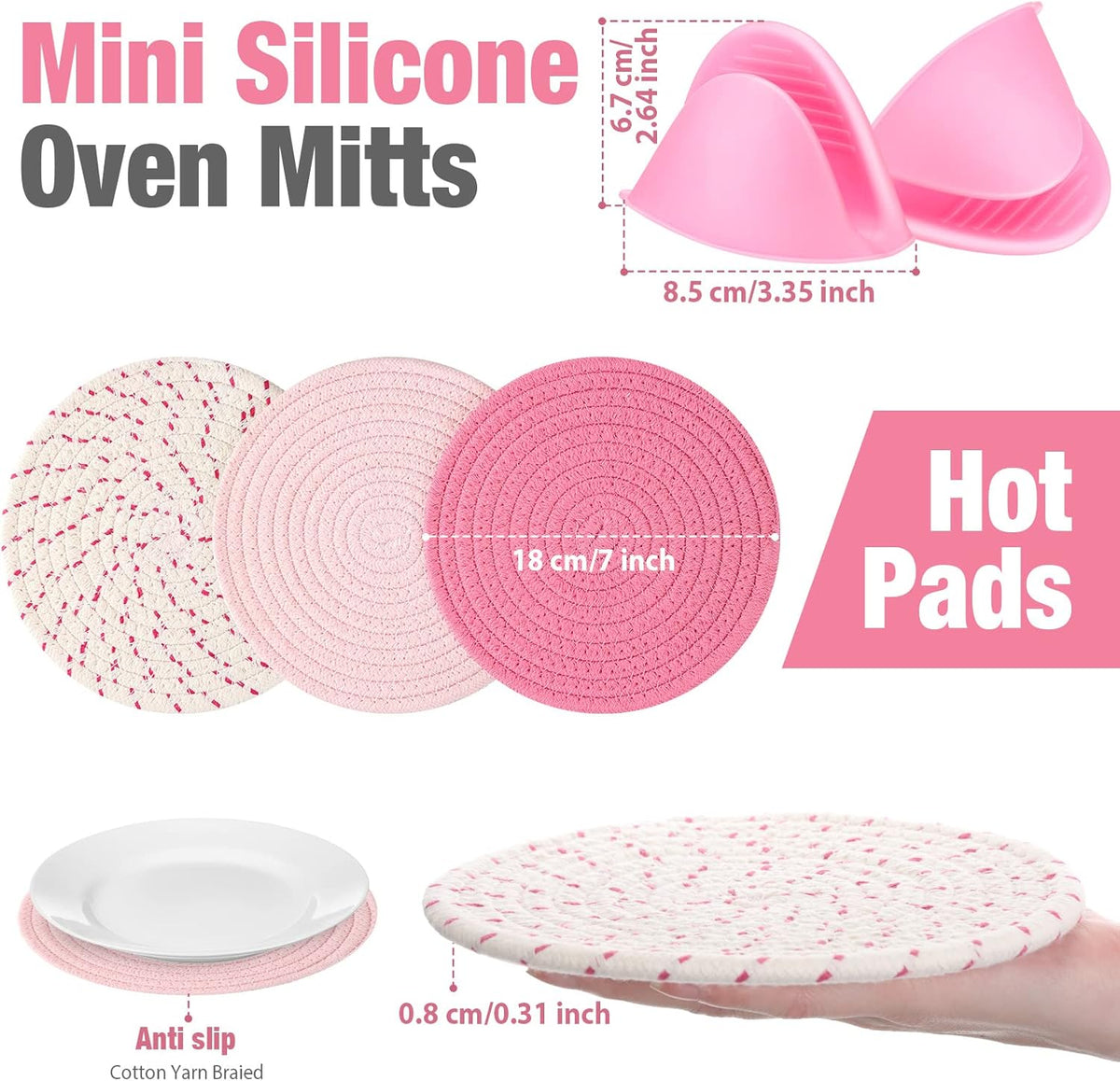 7 Pcs Pink Kitchen Accessories Oven Mitts and Pot Holders, Pink