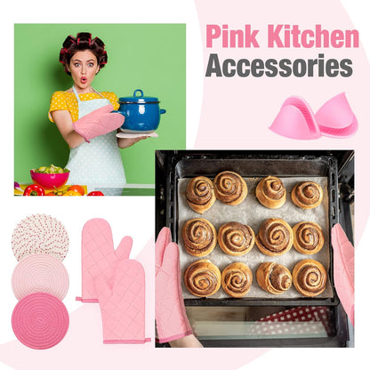 7 Pcs Pink Kitchen Accessories Oven Mitts and Pot Holders, Pink