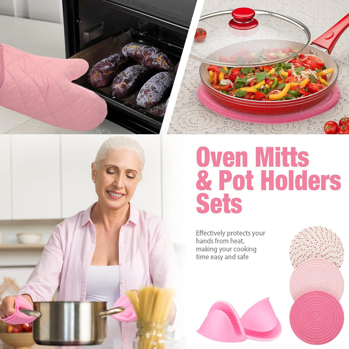 7 Pcs Pink Kitchen Accessories Oven Mitts and Pot Holders, Pink