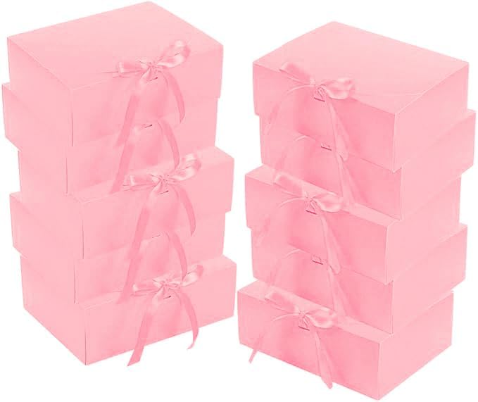 10 Pack Gift Boxes with Ribbon 10x7.5x3.5 Inch - Cardstock Wedding Favor Boxes for Bridesmaid Proposals, Birthday & Holiday Gift Packaging (Pink)