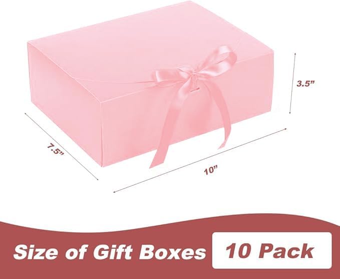 10 Pack Gift Boxes with Ribbon 10x7.5x3.5 Inch - Cardstock Wedding Favor Boxes for Bridesmaid Proposals, Birthday & Holiday Gift Packaging (Pink)