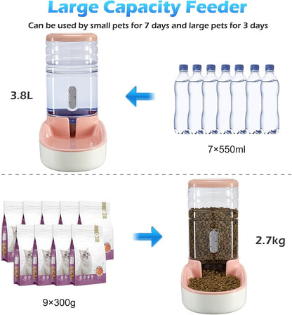 Automatic Dog Cat Feeder and Water Dispenser Gravity Food Feeder and Waterer Set with Pet Food Bowl for Small Medium Dog Puppy Kitten, Large Capacity 1 Gallon x 2(Pink)