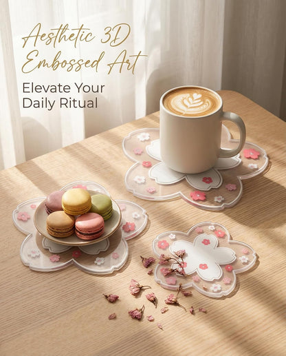 Kawaii Desk Decor for Women & Girls – Cherry Blossom 3D PVC Coaster & Placemat Set, Cute Pink Desk Accessories for Office, Study Desk, Tea Time, Anime & Sakura Lovers, 3-Piece Set