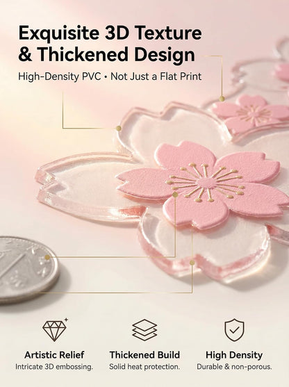 Kawaii Desk Decor for Women & Girls – Cherry Blossom 3D PVC Coaster & Placemat Set, Cute Pink Desk Accessories for Office, Study Desk, Tea Time, Anime & Sakura Lovers, 3-Piece Set