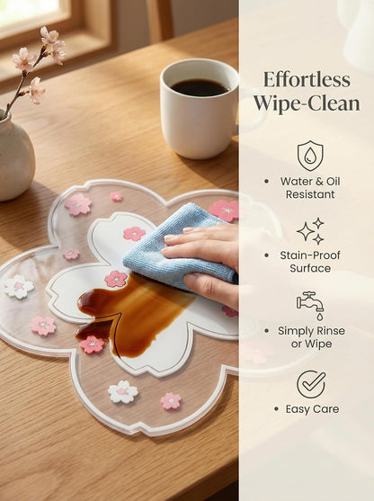 Kawaii Desk Decor for Women & Girls – Cherry Blossom 3D PVC Coaster & Placemat Set, Cute Pink Desk Accessories for Office, Study Desk, Tea Time, Anime & Sakura Lovers, 3-Piece Set