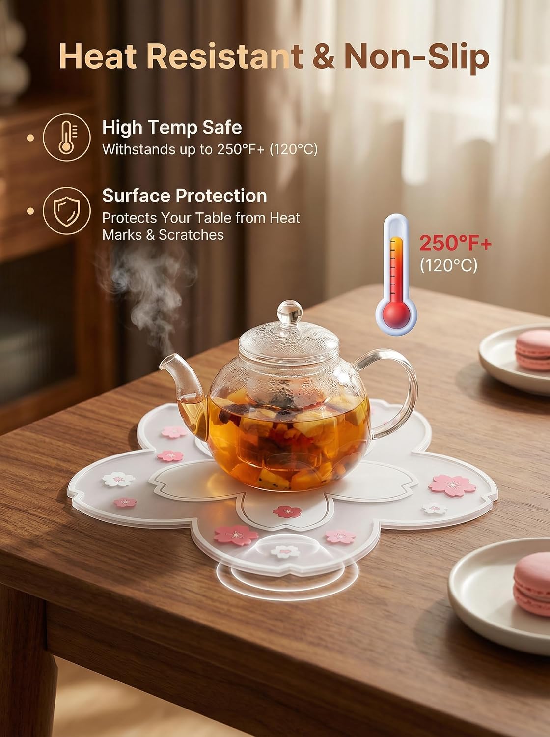 Kawaii Desk Decor for Women & Girls – Cherry Blossom 3D PVC Coaster & Placemat Set, Cute Pink Desk Accessories for Office, Study Desk, Tea Time, Anime & Sakura Lovers, 3-Piece Set