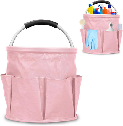 Cleaning Caddy with Handle, 17L Capacity, Foldable Bucket Organizer with 6 Pockets, Portable Multipurpose Cleaning Bucket Bag with Handle for Housework, Car Washing, Gardening, Painting (Pink)