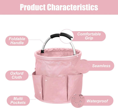 Cleaning Caddy with Handle, 17L Capacity, Foldable Bucket Organizer with 6 Pockets, Portable Multipurpose Cleaning Bucket Bag with Handle for Housework, Car Washing, Gardening, Painting (Pink)
