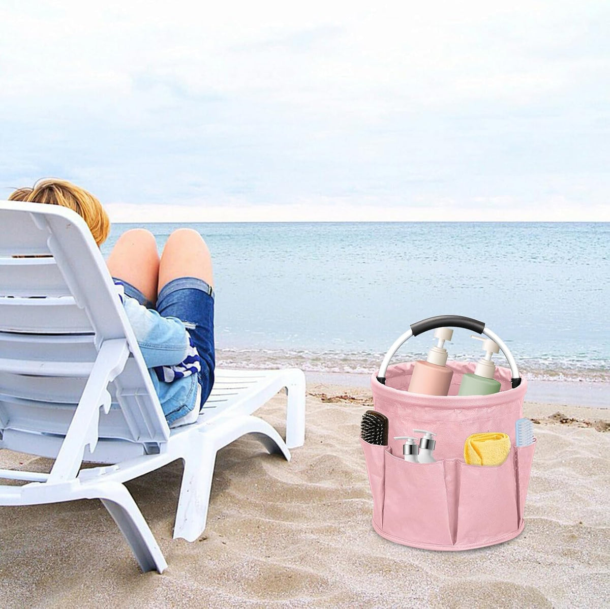Cleaning Caddy with Handle, 17L Capacity, Foldable Bucket Organizer with 6 Pockets, Portable Multipurpose Cleaning Bucket Bag with Handle for Housework, Car Washing, Gardening, Painting (Pink)