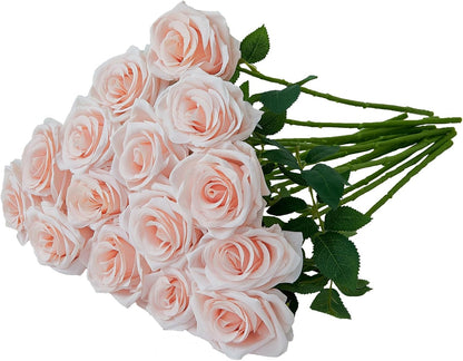 15pcs Blush Roses Artificial Flowers Silk Fake Flowers Realistic Pink Roses Bouquet Long Stemink for Wedding Home Party Birthday Decoration