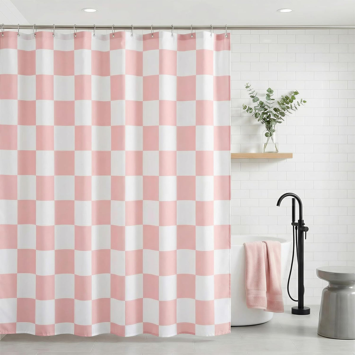 Pink and White Checkered Shower Curtain, Water Proof, Quick Dry, 12 Metal Roller Ball Hooks Included, Machine Washable, Modern Bathroom Decor (Pink and White, W72×L72)